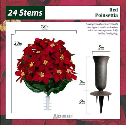 Artificial Cemetery Flowers - Gravesite Memorial Arrangment - Red Poinsettia (1) Saddle (2) Bouquets (2) Vases - color: Red, size: (1) Saddle (2) Bouquets (2) Vases