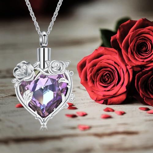 Cremation Jewelry for Ashes Rose Flower Urn Necklace with Crystal Heart Ashes Pendant Butterfly Necklaces for Women Men Memorial Keepsake Jewelry Gift - color: SilverB-purple