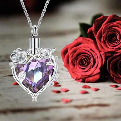 Cremation Jewelry for Ashes Rose Flower Urn Necklace with Crystal Heart Ashes Pendant Butterfly Necklaces for Women Men Memorial Keepsake Jewelry Gift - color: SilverB-purple