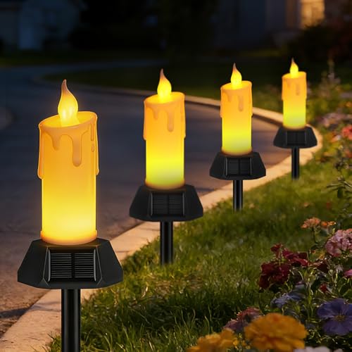 Flameless Grave Candles for Cemetery, Memorial Remembrance Climbing Flame Candles, Solar Powered Waterproof Outdoor Plastic Pillars for Garden Yard Pathway (4 Pack) - size: 4 Pack