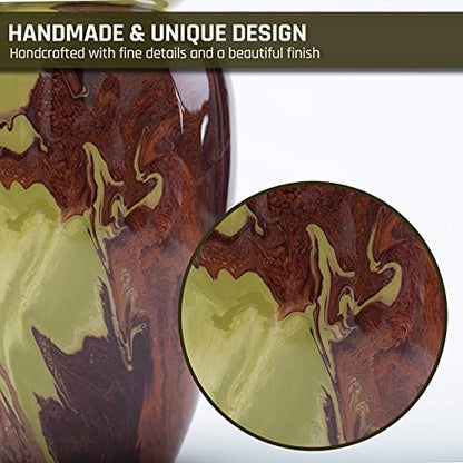 BOLD & DIVINE Beautiful Hand-Painted Adult Cremation Urn | 200 Cubic Inches | Urn Vase with Velvet Pouch - color: Green and Brown