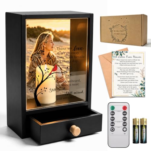 Sympathy Gift Loss of Loved One, Memorial Frame LED Candle Drawer 5x7 Black | Photo frame, LED timer candle, storage drawer. Solid pine wood, shatterproof acrylic. For home, funeral, remembrance table. - color: Black
