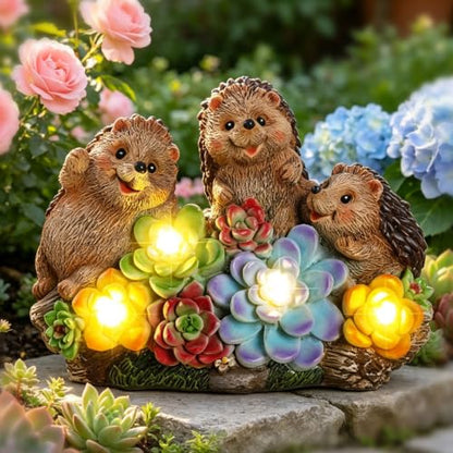 Hedgehog Solar Garden Statues with Succulent Animal Figurines - color: Brown-hedgehog03