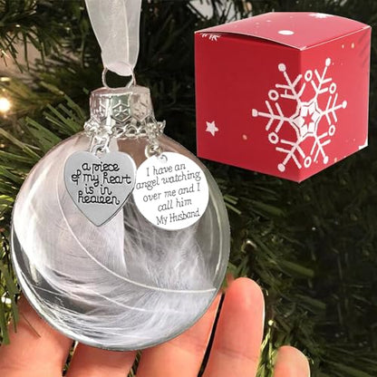 Clear Christmas Memorial Ornament Feather Ball, A Piece of My Heart is in Heaven Loss of Loved One Husband Christmas Tree Hanging Sympathy Gift with Silk Ribbon & Red Gift Box - color: Husband