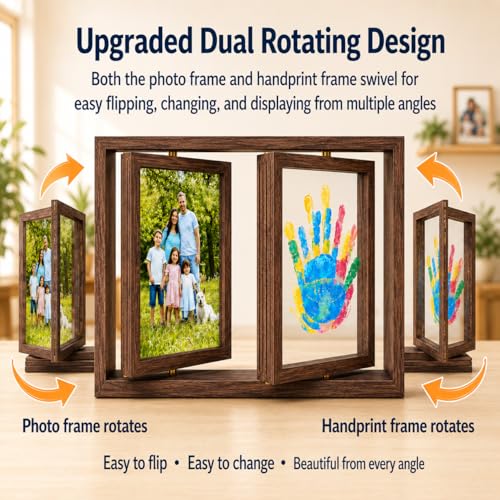 Family Handprint Frame Kit, Dual Rotating Photo & Handprint Display, DIY Keepsake Craft with Wooden Frame, Non-Toxic Paints, Baby Hand & Footprint Kit, Gift for Grandparents & New Parents (Brown) - color: Brown Frame, size: Dual Spin - Handprint & photo