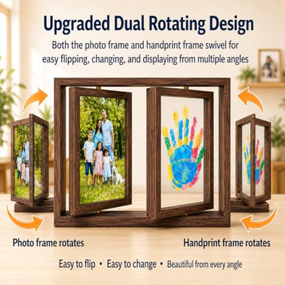 Family Handprint Frame Kit, Dual Rotating Photo & Handprint Display, DIY Keepsake Craft with Wooden Frame, Non-Toxic Paints, Baby Hand & Footprint Kit, Gift for Grandparents & New Parents (Brown) - color: Brown Frame, size: Dual Spin - Handprint & photo