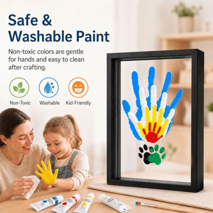 Family Handprint Kit for 4 – Wooden Frame with 4 Acrylic Boards, DIY Keepsake Art for Baby, Pet & Family, Non-Toxic Washable Paint Hand Mold Memory Gift - Black - color: Black