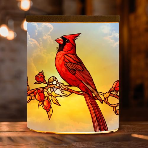 Stained Glass Cardinal Tea Light Candle Holder with Bamboo Lid, Red Rose Decorations Light Glass Tealight Holder, LED Candle Tealight Jar for Birthday,Wedding,Home Decor - color: Cardinal Bird