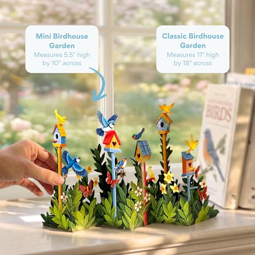 Freshcut Paper Pop Up Cards, Mini Birdhouse Garden, 9 Inch Life Sized Forever Flower Bouquet 3D Popup Greeting Card, Birthday Cards, Thank You Card, Blank Notecard & Envelope - color: Birdhouse Garden, size: Mini