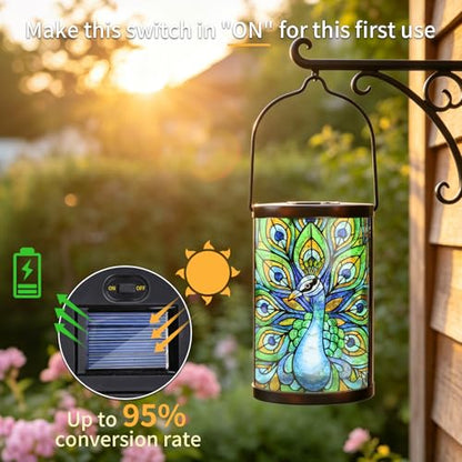 MUMTOP Peacock Glass Solar Lantern Waterproof Outdoor Hanging Garden Light - color: Teal