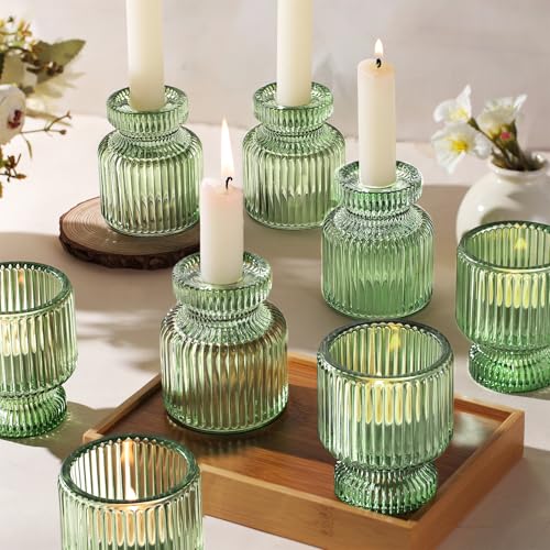 DARJEN 12 Pcs Glass Candlestick Holders- Green Taper Candlestick Holders Tealight Votive Candle Holders for Table Centerpieces, Wedding, Dinner Party, Home Decor - color: Green, size: 12Pcs
