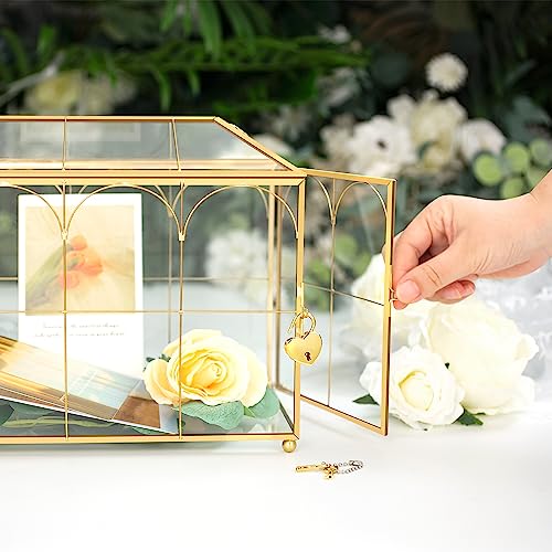 Glass Wedding Card Box with Lock, 12.6x5.9x9 inches Large Gold Card Boxes | Wedding Card Boxes for Reception, Glass Card Box for Wedding, Graduation, Keepsake Display, Party Centerpiece Decorative Box - size: 12.6 x 5.9 x 9 Inches with Arch
