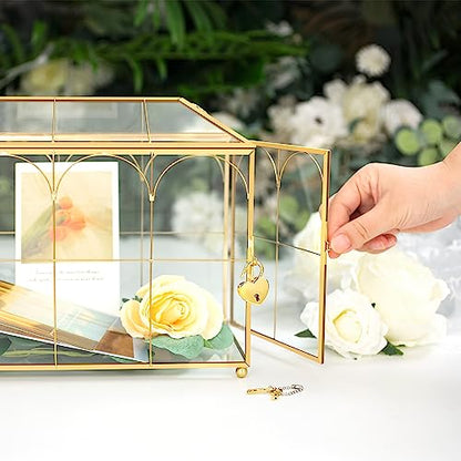 Glass Wedding Card Box with Lock, 12.6x5.9x9 inches Large Gold Card Boxes | Wedding Card Boxes for Reception, Glass Card Box for Wedding, Graduation, Keepsake Display, Party Centerpiece Decorative Box - size: 12.6 x 5.9 x 9 Inches with Arch
