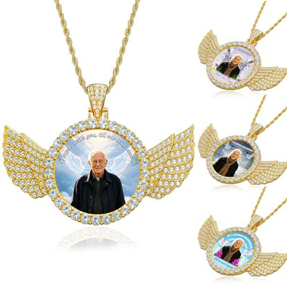 HJX Custom Circle Chain with Wings, Memorial Picture Necklace for Men Womem - color: 2-wing Memorial