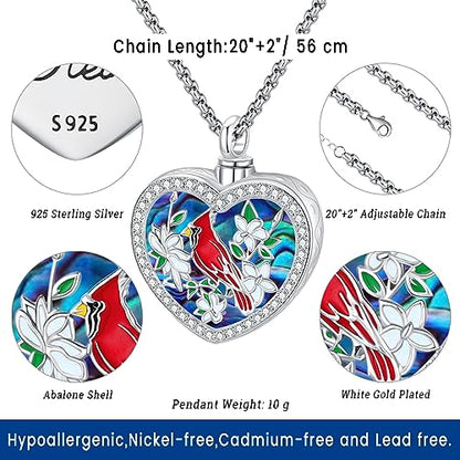Eusense Cremation Jewelry for Ashes Urn Necklace to Put Ashes In 925 Sterling Silver Memorial Pendant Heart Urn Necklaces for Ashes Necklace for Women Men - style: G-Red Cardinal Urn Necklace-Abalone Shell