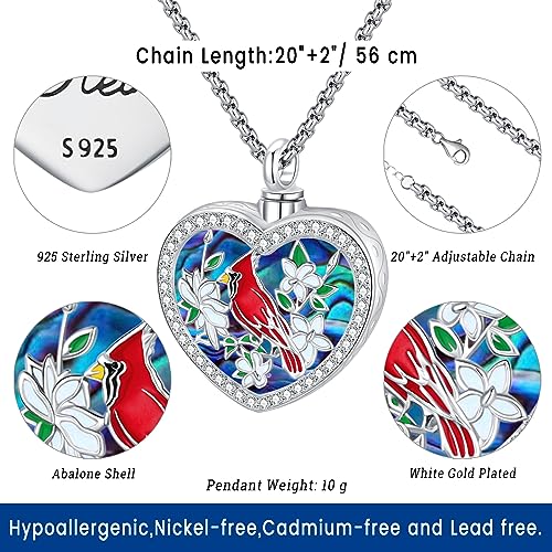 Eusense Cremation Jewelry for Ashes Urn Necklace to Put Ashes In 925 Sterling Silver Memorial Pendant Heart Urn Necklaces for Ashes Necklace for Women Men - style: G-Red Cardinal Urn Necklace-Abalone Shell