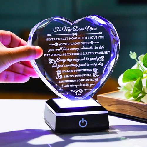 Arikyrist Niece Gifts from Auntie Uncle with Colorful LED Base, Inspirational Birthday Graduation Gifts for Niece from Aunt, Heart Crystal keepsake To My Nieces Present on Christmas - style: Niece Gifts + Light Base
