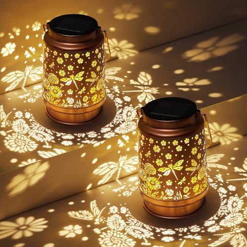 Dragonfly Solar Lanterns Outdoor Waterproof Daisy Garden Decor Birthday Gifts for Women Mom Grandma Hanging Solar Lights Metal Lantern Decoration Outside for Porch,Patio,Yard,Backyard - style: N. 1 Pack Dragonfly Lantern