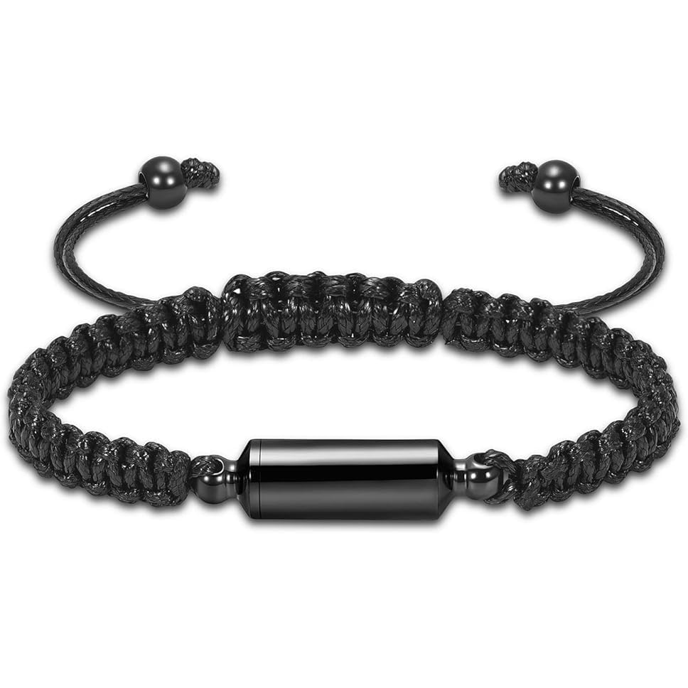 Hearbeingt Cylinder Cremation Bracelet for Ashes Adjustable Rope Urn Bangle - color: A-Black