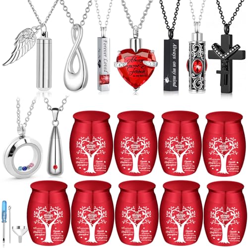 Small Urns for Human Ashes Cremation Urns Keepsake Set of 18 Cremation Jewelry Necklaces for Ashes Stainless Steel Keepsake Cremation Ash Holders Locket for Women Men (18Pcs-Red) - color: 18pcs-red