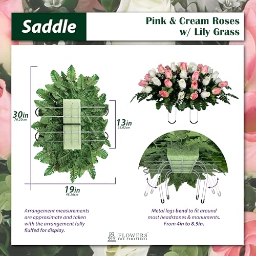 30" Headstone Flower Saddle Artificial Cemetery Flowers - Gravesite Flowers - Cream Pink Roses - color: Cream and White Roses, size: (1) Saddle