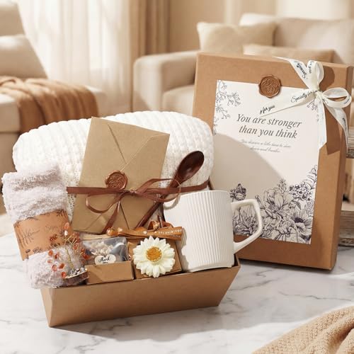 Get Well Soon Gifts Baskets for Women, Thinking of You Gift Comfort Gifts with Healing Crystals Tree, Sympathy Gift Feel Better After Surgery Recovery Wellness Hug in a Box for Her Mom Friends, Beige - color: Beige