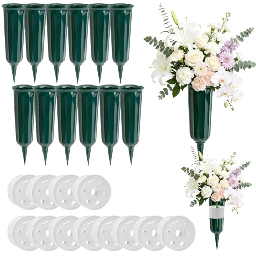 12 Pack Cemetery Vases for Grave with Spikes – Vases for Cemetery Flowers - color: Green