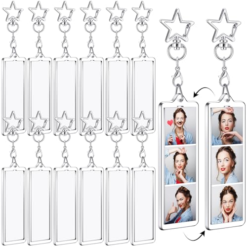 MTLEE 12 Pcs Mini Photo Strip Keychain Frame 1x3 Inch Acrylic Photo Booth Keychain Double Sided Keyring Blank DIY Custom Gift - style: Star Clasp