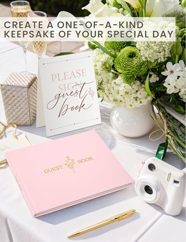 Wedding Guest Book, Polaroid Photo Guestbook for Baby Shower, 9x7.5" | Table Sign Included, Gold Stamping, Twill-Textured Hardcover, Perfect For Bridal Party & Baby Shower, Pink - color: Flower-pink