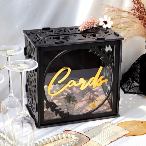 Black & Gold Wedding Card Box for Reception, PVC Gift Cards Holder for Graduation Party, Funeral Memorial, Birthday, Bridal & Baby Shower, Retirement, Donation Basket, Money, Envelope Box with Slot - color: Black