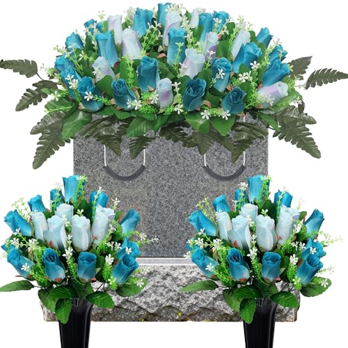 3 Pcs Artificial Cemetery Flower,Grave Flowers for Cemetery,Headstone Flower Saddle,Memorial Grave Flowers for Tombstone Decoration (Deep Blue White) - color: Deep Blue White