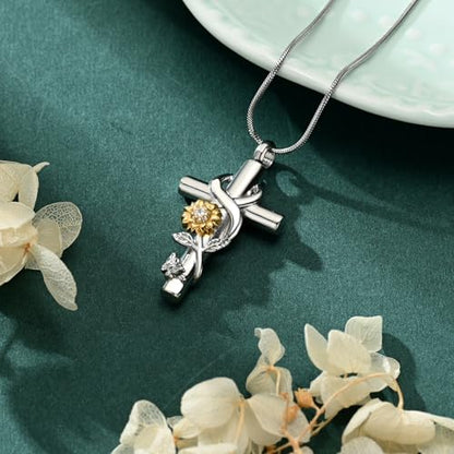 Cross Sunflower Cremation Jewelry Urn Necklaces Cross Urn Pendant Necklaces for Ashes Memorial Keepsake Pendant for Women Men Gifts With Funnel Kit & Bag - color: Gold+White