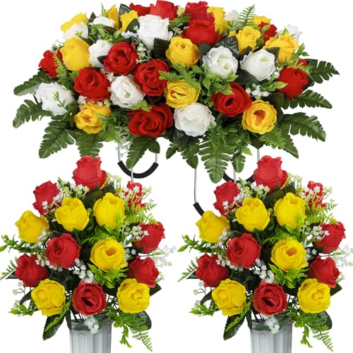 XONOR Artificial Cemetery Flower Saddles, Cemetery Memorial Flowers with Vase for Grave Tombstone Decorations (Yellow Red White) - color: Yellow Red White