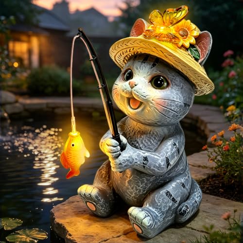Solar Garden Cat Statues, Outdoor Fishing Cat with Butterfly Solar Lights | Birthday Gifts for Cat Lovers Mom Women, Waterproof Garden Figurines for Yard Decor, Patio Porch Lawn Ornaments - color: Cat