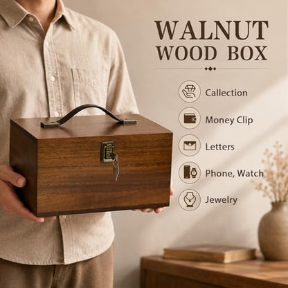 Wooden Keepsake Box, Walnut Large Memory Box with Hinged Lid & Locking Key