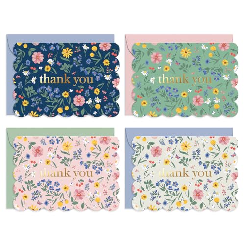 Sweetzer & Orange Blooming Fields Mini Thank You Cards – Set of 36 3.5x5” Gold Foil Thank You Cards With Scalloped Edges, Envelopes & Storage Box