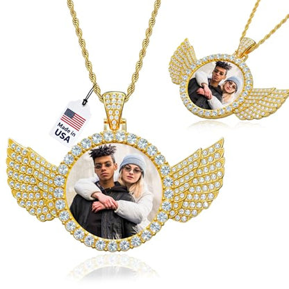 HJX Custom Circle Chain with Wings, Memorial Picture Necklace for Men Womem - color: Gold、Silver