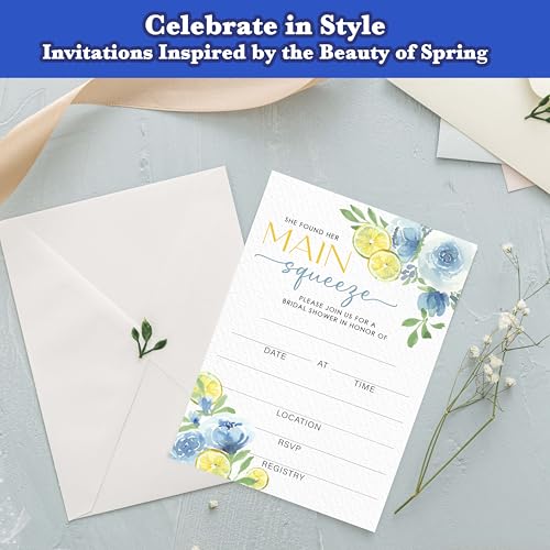 Main Squeeze Bridal Shower Invitations | Lemon Bridal Shower Invites, Blue Floral Citrus Invitations with Envelopes, Wedding Party Decorations-A10 - style: main squeeze