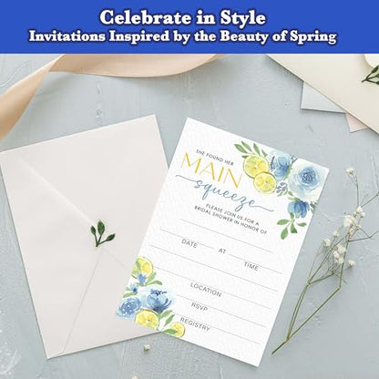 Main Squeeze Bridal Shower Invitations | Lemon Bridal Shower Invites, Blue Floral Citrus Invitations with Envelopes, Wedding Party Decorations-A10 - style: main squeeze