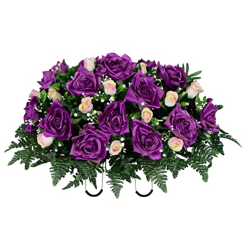Sympathy Silks - Artificial Flowers for Cemeteries - Purple Open Roses and Cream Pink Rose Buds - (1) Headstone Saddle - color: Purple/Pink