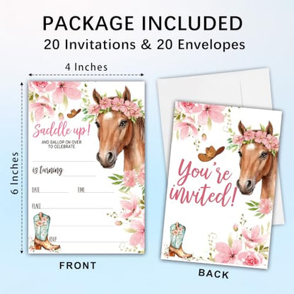 Cowgirl Horse Birthday Invitation Cards with Envelopes, 20 Pack 4x6 Fill-In Party Invites for Girls Boys, Western Floral Saddle Up Birthday Party Supplies - B03 - color: Cowgirl