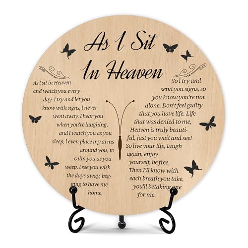 Celebration of Life Decorations, Sympathy Gifts for Loss of Loved One, Farmhouse Round Wood Plaque with Stand, In Loving Memory Sign for Home Office, Bereavement Gifts for Loss Of Father Mother (14) - color: As I Sit In Heaven