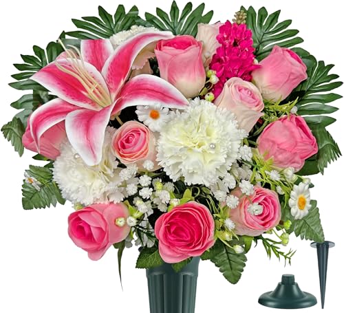 Artificial Cemetery Flowers,Memorial Flowers,Beautiful Arrangements for Headstones,Silk Lily Rose Carnation
