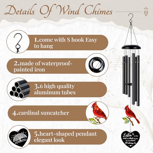 Sympathy Gifts for Loss of Loved One,Sympathy Memorial Wind Chimes with Cardinal, Cardinal Remembrance Wind Chimes for Mother Father Husband, Outdoor Garden Decor