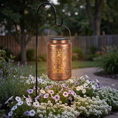 Solar Lantern with with Shepherd Hook Hanging Pole, Cross, Religious Decorations | Decorative Outdoor Waterproof Garden Lantern | Catholic Christian Gift Idea for Home, Yard, Patio, Backyard, Porch