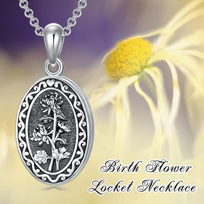 Birth Flower Photo Locket Necklace 925 Sterling Silver 12 Month Locket Necklace with Picture Birth Flower Photo Jewelry Gifts for Women Mother Mom Daughter - color: 11-November-Chrysanthemum, style: 1.no custom