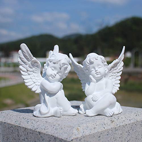 OwMell Set of 2 Cherub Angels Resin Statue Figurine, Indoor Home Decoration - color: White
