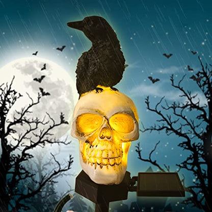 QH & Garden Halloween Skull Solar Garden Statue with Black Crow | Outdoor Decoration, Waterproof Ghost Lights, Skeleton Stakes with LED, Stunning Halloween Decorations - style: Skull and Crow