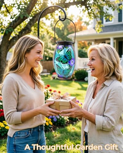 Hanging Solar Lantern Waterproof Garden Light Butterfly | Glass & Metal, Tabletop Light with Hollowed-Out Design for Garden Patio Table Decor, Gifts for Friends and Family - style: Butterfly-Glass