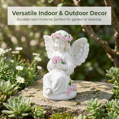 Guardian Angel Statue Angels Figurines with Pink Roses | Resin Cherub Statue, Outdoor Statues For Garden, Sympathy Guardian Angel Gift, Angel Gifts For Women, Yard Statues - color: Roses
